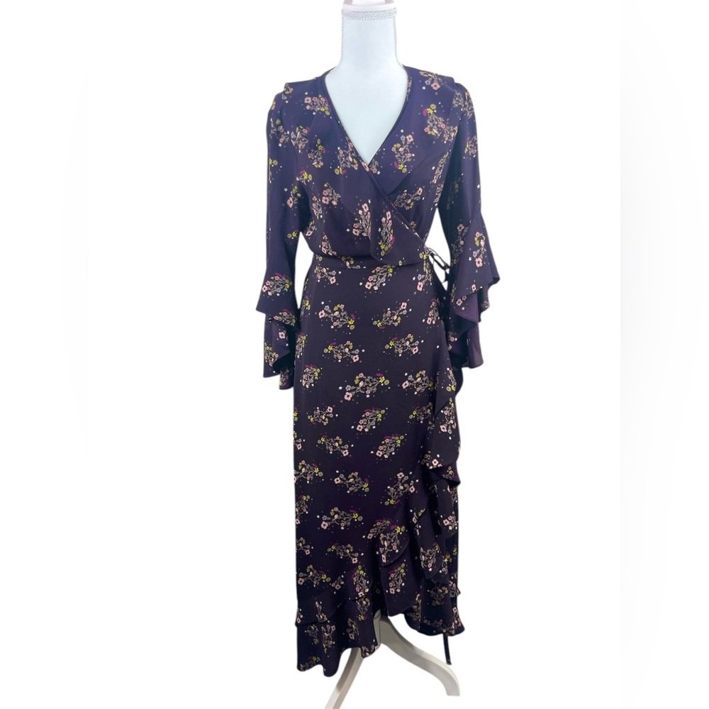 Max Studio Purple High Low Ruffle Floral Wrap Maxi Dress‎ Cottagecore Boho SMALL